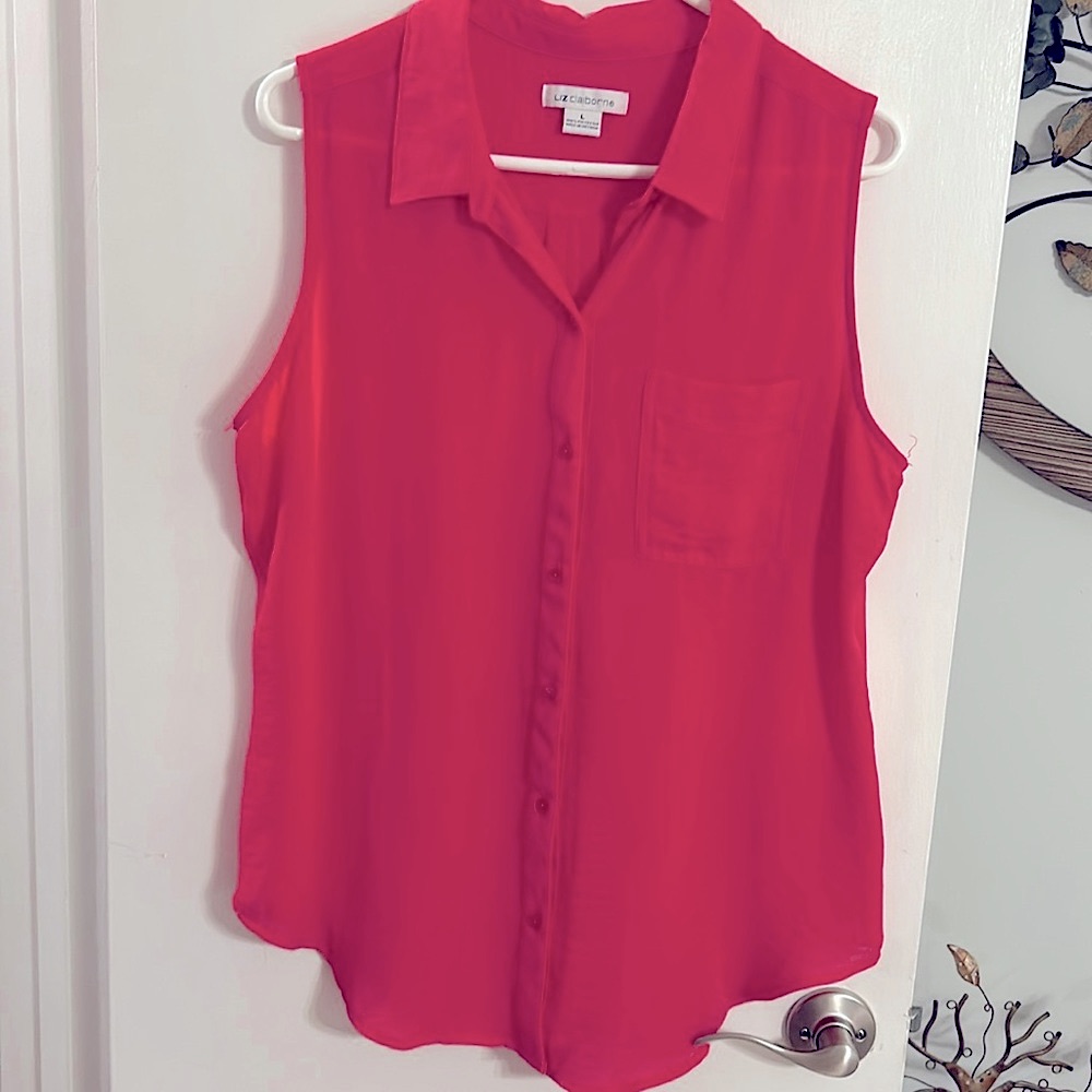 Liz Claiborne Size Large Sleeveless Button Up Top 100% Polyester In Bright Pink